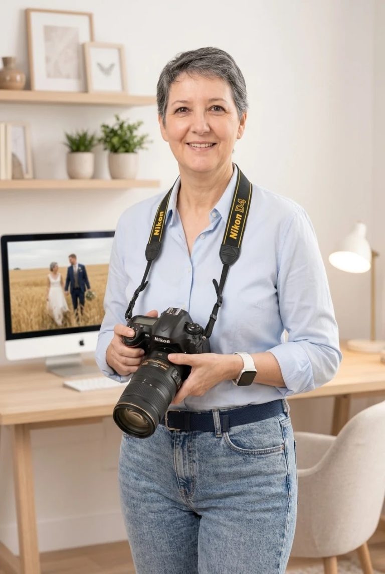 Sandrine Sérafini, photographe de mariage dans l’Oise à Compiègne, tenant son appareil photo professionnel dans son studio.